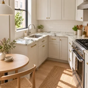 Small bright kitchen with natural stone countertop, white subway tile backsplash and wooden dining table