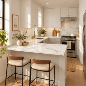 Small bright kitchen with light quartzite countertop and compact breakfast bar