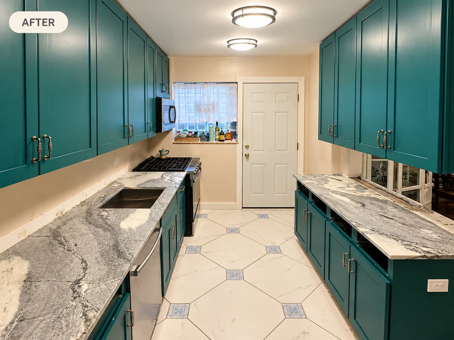 teal-kitchen-after-stone-countertop-installation Teal kitchen with newly installed gray and white veined stone countertops and undermount sink