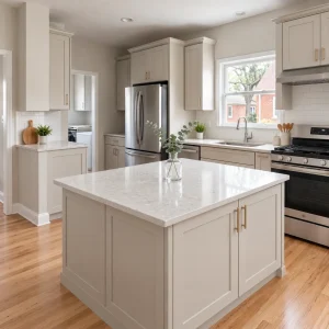 Updated kitchen with light quartz countertops, neutral cabinets and stainless steel appliances